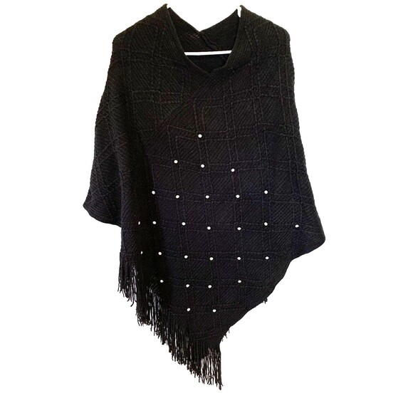 Handmade Rhinestone Knit Poncho Women Medium Rhinestone Embellished Fringes Blk - Picture 1 of 4